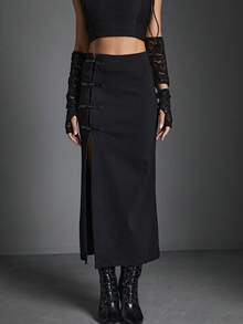 Falda de muslo dividida gótica unicolor - Negro - Ver 6