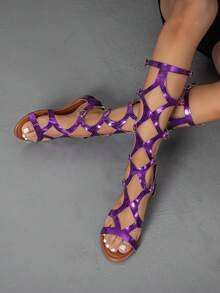 Women Metallic Snakeskin Embossed Buckle Decor Zipper Back Flat Sandals, Vacation Purple Gladiator Sandals For Summer - Purple - View 2