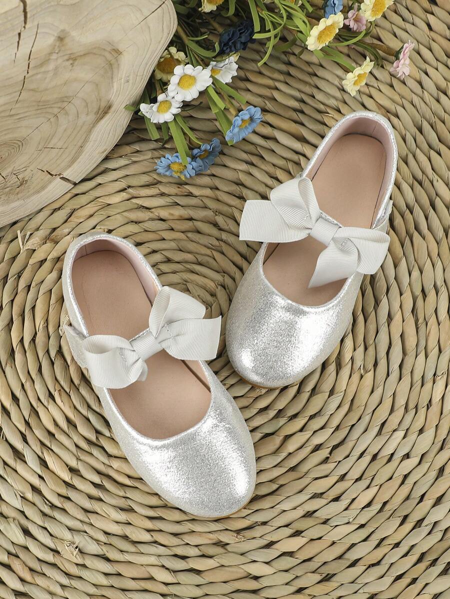 Baby Girl Bow Decor Polyester Ballet Shoes - Silver - View 1