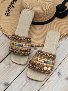 女性隨機撞色鏈條和亮片裝飾平底度假織物涼拖適合夏天 - 棕色 - 查看 2