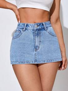 SHEIN EZwear Jupe-short en jean à poche - Jean clair - Voir 3