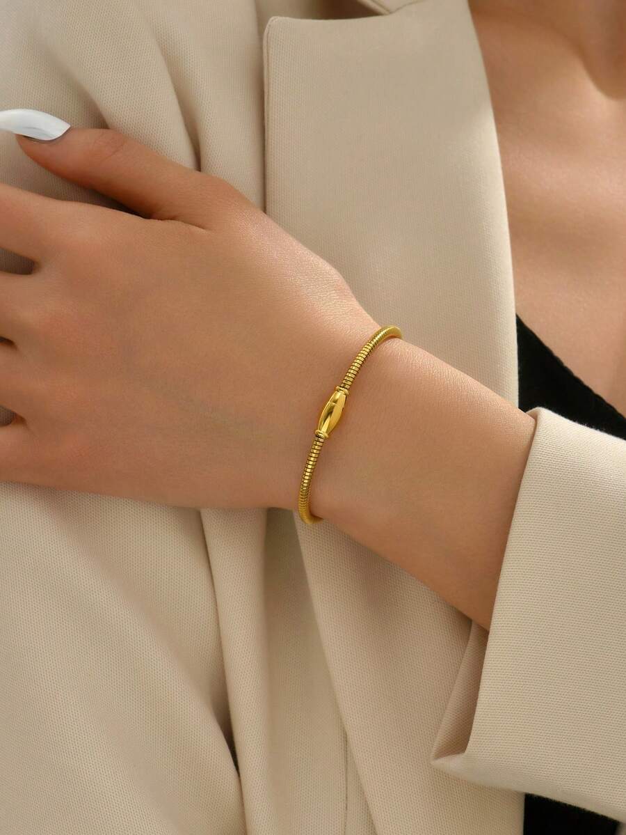 1入組時尚不銹鋼極簡手鏈適合女士日常裝飾 - 金黃色 - 查看 1