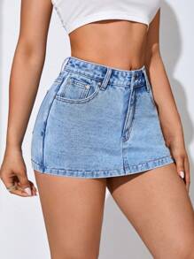 SHEIN EZwear Jupe-short en jean à poche - Jean clair - Voir 4