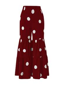 SHEIN LUNE 大碼波卡圓點荷葉邊喇叭褲 - 酒紅色 - 查看 1