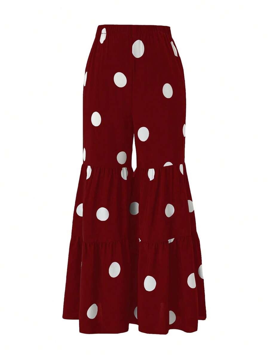 SHEIN LUNE Plus Polka Dot Ruffle Hem Flare Leg Pants - Burgundy - View 1