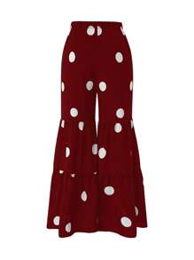 SHEIN LUNE 大碼波卡圓點荷葉邊喇叭褲 - 酒紅色 - 查看 2