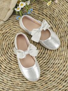Baby Girl Bow Decor Polyester Ballet Shoes - Silver - View 4