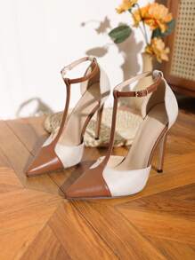 Giày cao gót mũi nhọn phối màu dành cho nữ, giày bít mũi quai ngang thanh lịch, thích hợp cho các hoạt động ngoài trời, dự tiệc. - màu nâu - Xem 6