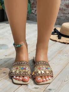 女性隨機撞色鏈條和亮片裝飾平底度假織物涼拖適合夏天 - 棕色 - 查看 4