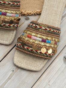 女性隨機撞色鏈條和亮片裝飾平底度假織物涼拖適合夏天 - 棕色 - 查看 5