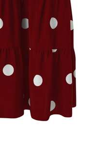 SHEIN LUNE 大碼波卡圓點荷葉邊喇叭褲 - 酒紅色 - 查看 5