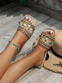 女性隨機撞色鏈條和亮片裝飾平底度假織物涼拖適合夏天 - 棕色 - 查看 7