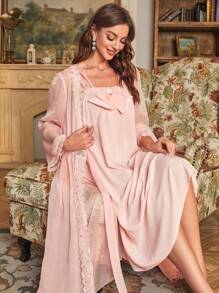 Bộ đồ ngủ Nữ Tương phản ren Thêu Xù màu trơn - Màu Hồng  San hô - Xem 1