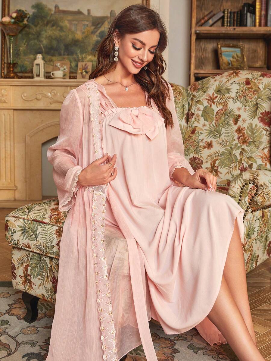 Bộ đồ ngủ Nữ Tương phản ren Thêu Xù màu trơn - Màu Hồng  San hô - Xem 1