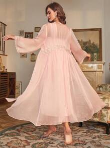 Bộ đồ ngủ Nữ Tương phản ren Thêu Xù màu trơn - Màu Hồng  San hô - Xem 2