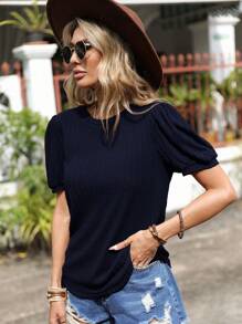 SHEIN Clasi 素色泡泡袖T恤 - 藏蓝色 - 查看 1