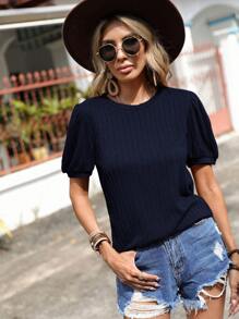 SHEIN Clasi 素色泡泡袖T恤 - 藏蓝色 - 查看 4