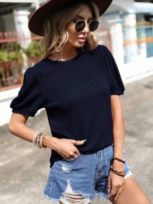 SHEIN Clasi 素色泡泡袖T恤 - 藏蓝色 - 查看 5