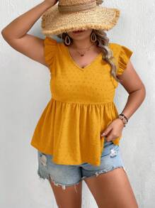 SHEIN VCAY 大碼後背繫帶荷葉邊荷葉邊下擺襯衫 - 芥末黃 - 查看 3