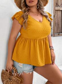 SHEIN VCAY 大碼後背繫帶荷葉邊荷葉邊下擺襯衫 - 芥末黃 - 查看 4