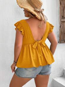 SHEIN VCAY 大碼後背繫帶荷葉邊荷葉邊下擺襯衫 - 芥末黃 - 查看 5