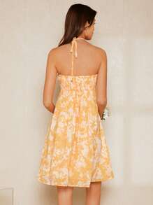 SHEIN Belle Floral Print Ruffle Trim Tie Backless Halter Dress - Multicolor - View 2