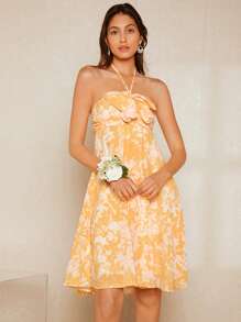SHEIN Belle Floral Print Ruffle Trim Tie Backless Halter Dress - Multicolor - View 3