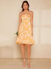 SHEIN Belle Floral Print Ruffle Trim Tie Backless Halter Dress - Multicolor - View 4