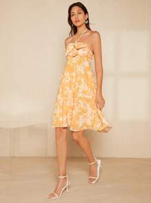 SHEIN Belle Floral Print Ruffle Trim Tie Backless Halter Dress - Multicolor - View 5