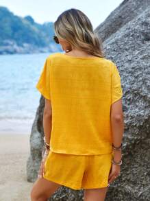 Sylviya Batwing Sleeve Top & Belted Shorts - Yellow - View 3