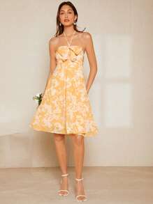 SHEIN Belle Floral Print Ruffle Trim Tie Backless Halter Dress - Multicolor - View 6