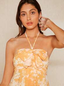 SHEIN Belle Floral Print Ruffle Trim Tie Backless Halter Dress - Multicolor - View 7