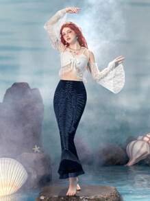 ROMWE Fairycore Nàng tiên cá đồ họa in Nàng tiên cá Hem Lưới Overlay Váy - Màu xanh hải quân - Xem 2