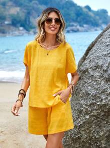 Sylviya Batwing Sleeve Top & Belted Shorts - Yellow - View 5