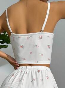 Floral Print Lace Trim Bow Front Cami Sleep Top - White - View 2