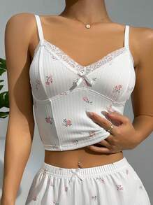 Floral Print Lace Trim Bow Front Cami Sleep Top - White - View 3