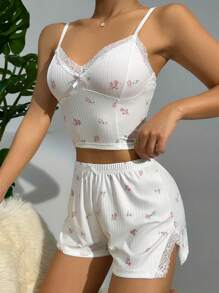 Floral Print Lace Trim Bow Front Cami Sleep Top - White - View 4