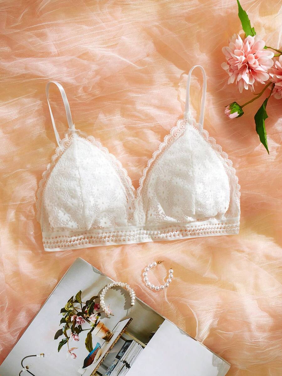 Sujetador triangular de lencería sexy con encaje floral - Blanco - Ver 1