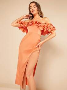 SHEIN BAE Vestido de hombros descubiertos ribete con fruncido de muslo con abertura - Naranja - Ver 1