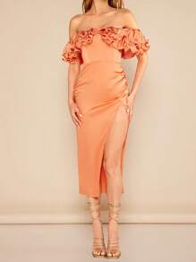 SHEIN BAE Vestido de hombros descubiertos ribete con fruncido de muslo con abertura - Naranja - Ver 3