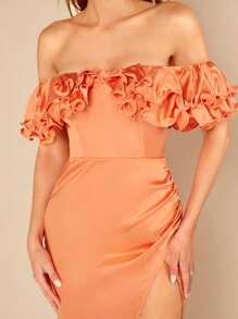 SHEIN BAE Vestido de hombros descubiertos ribete con fruncido de muslo con abertura - Naranja - Ver 6