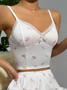 Floral Print Lace Trim Bow Front Cami Sleep Top - White - View 6