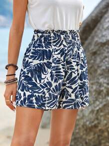 SHEIN LUNE Tropical Print Paperbag Waist Shorts - Blue and White - View 4