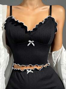 Frill Trim Bow Front Cami Pajama Sleep Top - Black - View 1