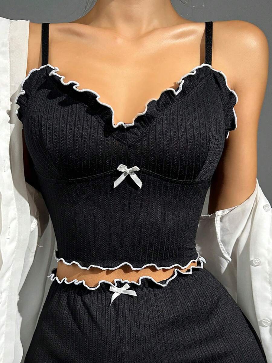 Frill Trim Bow Front Cami Pajama Sleep Top - Black - View 1