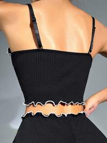 Frill Trim Bow Front Cami Pajama Sleep Top - Black - View 2