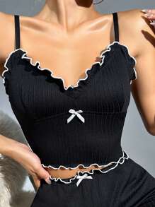 Frill Trim Bow Front Cami Pajama Sleep Top - Black - View 3