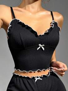 Frill Trim Bow Front Cami Pajama Sleep Top - Black - View 4