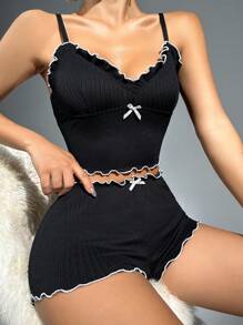 Frill Trim Bow Front Cami Pajama Sleep Top - Black - View 5