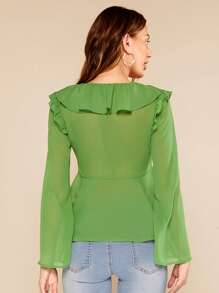 SHEIN BAE Top ribete con fruncido con cordón delantero manga de campana bajo con fruncido - Verde Lima - Ver 2